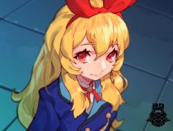 Rule 34 | 1girl, blonde hair, bow, closed mouth, copyright request, eyelashes, hair between eyes, hair bow, long hair, looking at viewer, mar10, meme, red bow, red eyes, red ribbon, ribbon, sailor moon redraw challenge (meme), signature, smile, solo, tile floor, tiles, upper body
