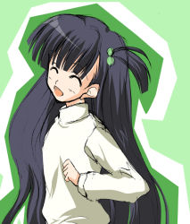 Rule 34 | 00s, 1girl, ^ ^, black hair, closed eyes, hair bobbles, hair ornament, kusakabe yuuki (to heart 2), long hair, looking back, one side up, open mouth, smile, solo, to heart (series), to heart 2, turtleneck, upper body, very long hair