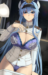Rule 34 | 1girl, blue bra, blue eyes, blue hair, blue pants, blush, bra, breasts, cleavage, gaitoou, gluteal fold, goddess of victory: nikke, hand up, hat, helm (nikke), highres, lamp, large breasts, long hair, long sleeves, looking at viewer, pants, parted lips, solo, underwear, white hat