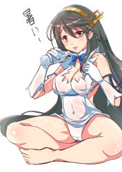 Rule 34 | 1girl, aata1007, alternate costume, arm ribbon, bare legs, barefoot, black hair, blue ribbon, blush, bottle, breasts, brown eyes, cleavage cutout, clothing cutout, cosplay, covered erect nipples, covered navel, dress, gloves, hair between eyes, hairband, hands on own chest, haruna (kancolle), headgear, hestia (danmachi), hestia (danmachi) (cosplay), highres, holding, holding bottle, indian style, kantai collection, large breasts, long hair, looking at viewer, open mouth, panties, pencil dress, pouring, pouring onto self, rei no himo, ribbon, short dress, simple background, sitting, skin tight, solo, tongue, tongue out, translated, underwear, water bottle, white background, white dress, white gloves, white panties