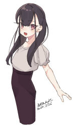 Rule 34 | 1girl, black skirt, blouse, cropped legs, dated, eyelashes, female focus, high-waist skirt, long skirt, looking at viewer, maze (gochama ze gohan), open mouth, original, puffy short sleeves, puffy sleeves, purple eyes, shirt, short sleeves, signature, simple background, skirt, solo, twintails, white background
