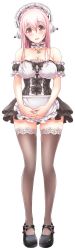 Rule 34 | 1girl, apron, blush, breasts, choker, cleavage, dress, frilled apron, frills, full body, highres, large breasts, long hair, looking at viewer, maid, maid apron, maid headdress, microdress, nitroplus, panties, pantyshot, pink hair, red eyes, smile, solo, standing, super sonico, thighhighs, transparent background, underwear, v-mag, white panties