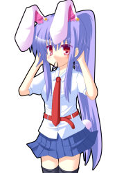 Rule 34 | 15 ichigo, 1girl, alternate hairstyle, animal ears, belt, extra ears, female focus, long hair, mouth hold, necktie, ponytail, purple hair, rabbit ears, rabbit girl, rabbit tail, red eyes, red necktie, reisen udongein inaba, solo, tail, thighhighs, touhou, very long hair, zettai ryouiki