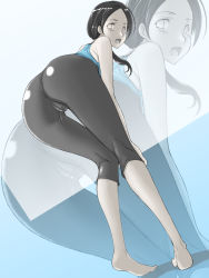 Rule 34 | 1girl, ass, barefoot, bent over, black hair, cameltoe, capri pants, colored skin, ebido, grey eyes, hands on own knees, highres, long hair, looking at viewer, looking back, midriff, nintendo, open mouth, pants, ponytail, solo, spandex, tank top, white skin, wii fit, wii fit trainer, wii fit trainer (female), zoom layer