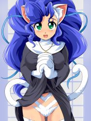 Rule 34 | 1girl, ahoge, animal ears, animal hands, big hair, blue hair, blush, body fur, breasts, capcom, cat ears, cat tail, clothes lift, dress, dress lift, fang, felicia (vampire), gluteal fold, green eyes, habit, hairband, highres, huge ahoge, jewelry, konpeto, large breasts, long hair, necklace, nun, official alternate costume, open mouth, own hands clasped, own hands together, pendant, solo, tail, vampire (game), very long hair