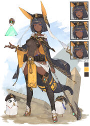 Rule 34 | 1girl, absurdres, animal ears, ankh, annoyed, belt, belt pouch, black hair, blue eyes, bracelet, breasts, bridal gauntlets, camera, choker, cloak, color guide, dark-skinned female, dark skin, egyptian, expressions, frown, full body, hat, high heels, highres, holding, holding staff, jewelry, looking at viewer, medium breasts, n9+, nail polish, obelisk, one eye closed, open mouth, original, peaked cap, pelvic curtain, pouch, short hair, smile, staff, standing, tail, thighhighs, toeless footwear, very dark skin