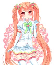 Rule 34 | 1girl, bad id, bad pixiv id, blush, bow, elbow gloves, frills, garter straps, gloves, hair ornament, heart, heart hair ornament, leaf, long hair, looking at viewer, nami (nyaa), original, red eyes, red hair, simple background, skirt, smile, solo, star (symbol), thighhighs, transparent background, twintails, very long hair, white background, white thighhighs