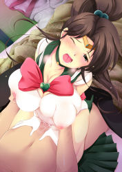 Rule 34 | 1boy, 1girl, bed sheet, bishoujo senshi sailor moon, breasts, brooch, brown hair, cameltoe, cleavage, clothed female nude male, clothed sex, covered erect nipples, cum, cum in pussy, futon, girl on top, gloves, grabbing, grabbing another&#039;s breast, green eyes, hair bobbles, hair ornament, heart, heart brooch, hetero, high heels, highres, jewelry, katori (mocchidou), kino makoto, large breasts, leotard, long hair, magical girl, nipple stimulation, nipple tweak, nipples, nude, open mouth, orgasm, ponytail, sailor jupiter, see-through, sex, shoes, skirt, solo focus, tiara, unworn skirt, wet, wet clothes, wince