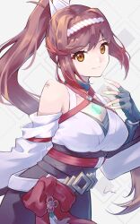 Rule 34 | 1girl, bare shoulders, breasts, chest jewel, cleavage, core crystal (xenoblade), criss-cross halter, detached sleeves, fingerless gloves, glimmer (xenoblade), gloves, halterneck, high ponytail, highres, japanese clothes, kimono, large breasts, long hair, looking at viewer, obi, ponytail, red hair, sash, smile, solo, swept bangs, white kimono, wide sleeves, xenoblade chronicles (series), xenoblade chronicles 3, xenoblade chronicles 3: future redeemed, yuni (unitary 580)