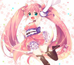 Rule 34 | 1girl, ahoge, alternate color, alternate costume, alternate hair color, aqua eyes, arm up, armpits, bare shoulders, black thighhighs, blush, boots, breasts, cherry, cherry blossoms, detached sleeves, dress, fang, flower, food, fruit, hair flower, hair ornament, happy, hatsune miku, ikari (aor3507), japanese clothes, kimono, long hair, long sleeves, looking at viewer, medium breasts, obi, open mouth, pink eyes, pink hair, sakura miku, sash, skirt, sleeveless, smile, solo, strapless, strapless dress, thigh boots, thighhighs, twintails, very long hair, vocaloid