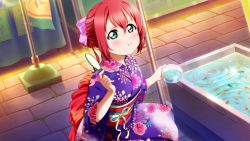 Rule 34 | 1girl, alternate hairstyle, aqua eyes, artist name, artist request, back ribbon, blue kimono, blush, bow, breasts, corset, female focus, festival, floral print, flower print, green eyes, hair between eyes, hair bow, holding, japanese clothes, kimono, kurosawa ruby, long sleeves, looking at viewer, love live!, love live! school idol festival, love live! school idol festival all stars, love live! sunshine!!, obi, parted lips, pink bow, purple kimono, red corset, red hair, red ribbon, ribbon, sash, short hair, sitting, small breasts, smile, solo, squatting, wide sleeves, yellow ribbon