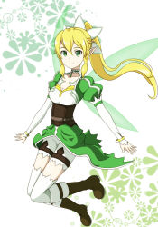 Rule 34 | 10s, 1girl, bad id, bad pixiv id, blonde hair, boots, braid, breasts, cleavage, green eyes, highres, leafa, long hair, mocoushi, pointy ears, solo, sword art online, twin braids