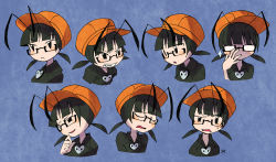 Rule 34 | 1girl, antennae, black hair, character sheet, female focus, glasses, hat, arthropod girl, low twintails, monster girl, open mouth, original, sachy (sachichy), short twintails, solo, teeth, twintails