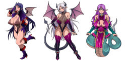 Rule 34 | 3girls, aqua eyes, armlet, bare shoulders, bat wings, blush, boots, breasts, bridal gauntlets, capelet, claws, cleavage, cleavage cutout, clothing cutout, covered erect nipples, covered navel, curvy, demon girl, demon tail, demon wings, fang, gloves, hair ornament, hairclip, hand on own hip, high heel boots, high heels, horns, huge breasts, lamia, large areolae, long hair, masa ani, monster girl, multiple girls, navel, navel cutout, original, pointy ears, purple eyes, purple hair, red eyes, see-through, shiny skin, sidelocks, simple background, solid eyes, tail, thighhighs, tiara, vampire, very long hair, white background, white hair, wings
