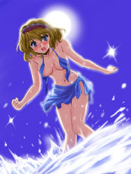 Rule 34 | 1girl, alice margatroid, beach, bikini, bikini skirt, blonde hair, blue eyes, blush, breasts, day, embarrassed, female focus, flx, front-tie top, hairband, large breasts, navel, nervous, nipples, open mouth, sarong, short hair, shy, solo, sun, surprised, swimsuit, touhou, untied, wardrobe malfunction, water