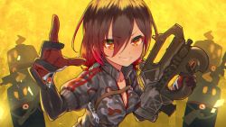 Rule 34 | 1girl, android, apex legends, blush, breasts, brown hair, camouflage, camouflage jacket, cleavage, commentary, gradient hair, grey jacket, grin, gun, hair between eyes, highres, holding, holding gun, holding weapon, hololive, jacket, looking at viewer, mechanical arms, medium breasts, multicolored hair, nosir onadat, orange eyes, prowler smg, red hair, roboco-san, roboco-san (1st costume), robosaa (roboco), short hair, simple background, single mechanical arm, smile, solo, two-tone hair, upper body, virtual youtuber, weapon, yellow background