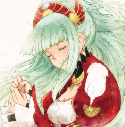 Rule 34 | 10s, 1girl, breasts, cleavage, dress, closed eyes, grey hair, hair ornament, highres, jewelry, lailah (tales), long hair, ponytail, smile, tales of (series), tales of zestiria