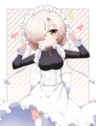 Rule 34 | 1girl, :c, azur lane, blonde hair, border, breasts, buttons, closed mouth, commentary, cross, dress, frilled dress, frills, garter straps, hair over one eye, hair rings, hands up, highres, kado (hametunoasioto), light brown hair, maid, maid headdress, medium breasts, outside border, sheffield (azur lane), solo, thighhighs, v, white border, white garter straps, white thighhighs, yellow eyes