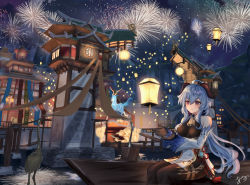 Rule 34 | absurdres, ahoge, aimi (tikichin0229), architecture, bare shoulders, bell, black gloves, black legwear, blue hair, breasts, building, chinese knot, city, detached sleeves, fireworks, ganyu (genshin impact), genshin impact, gloves, gold trim, highres, horns, lantern, long hair, looking to the side, medium breasts, neck bell, night, night sky, purple eyes, sidelocks, signature, sky, skybracer (genshin impact), statue, tassel, thighlet, vision (genshin impact), white sleeves