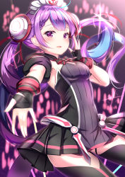 Rule 34 | 1girl, anchor, black dress, black gloves, black sleeves, black thighhighs, blue hair, blurry, blurry background, blush, braid, breasts, colored inner hair, depth of field, detached sleeves, dress, fingerless gloves, gloves, glowstick, hair ornament, highres, hololive, long hair, looking at viewer, medium breasts, minato aqua, multicolored hair, open mouth, puffy short sleeves, puffy sleeves, purple eyes, purple hair, short sleeves, solo, strapless, strapless dress, thighhighs, twintails, two-tone hair, very long hair, virtual youtuber, yuano