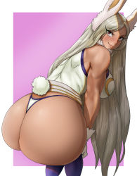 Rule 34 | 1girl, ass, ass focus, bare shoulders, boku no hero academia, breasts, dark-skinned female, dark skin, from behind, gloves, highres, huge ass, large breasts, long hair, looking at viewer, looking back, mirko, rabbit ears, rabbit girl, rabbit tail, red eyes, sleeveless, smile, solo, thelorope, thong, white gloves, white hair, wide hips