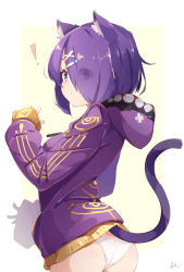 Rule 34 | !, 1girl, absurdres, animal ears, artist name, ass, bob cut, border, cat ears, cat girl, cat tail, cowboy shot, crotch seam, dated, hair ornament, hair over one eye, hairclip, highres, hood, hood down, hooded jacket, jacket, kia 0088, kiso azuki, long sleeves, looking at viewer, looking back, no pants, outside border, panties, purple eyes, purple hair, purple jacket, short hair, signature, solo, standing, tail, underwear, white border, white panties, yellow background