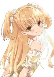 Rule 34 | 1girl, blonde hair, blurry, blush, bokeh, bow, depth of field, dress, fang, green eyes, hair bow, highres, idolmaster, idolmaster cinderella girls, jewelry, jougasaki rika, looking at viewer, looking back, necklace, print dress, rino cnc, simple background, skin fang, smile, solo, twisted torso, two side up, upper body