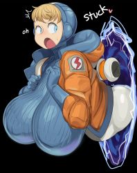 Rule 34 | 1girl, apex legends, blonde hair, blue eyes, breasts, chamchami, covered erect nipples, english text, highres, huge breasts, portal (object), puffy nipples, solo, stuck, wattson (apex legends)