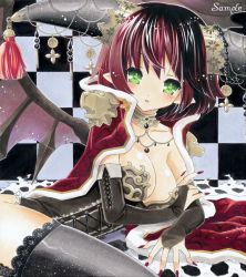 Rule 34 | 1girl, ayuayu (chisuke ayu), bad id, bad pixiv id, blush, breasts, bridal gauntlets, cape, checkered background, choker, cleavage, demon girl, fingernails, green eyes, horns, jewelry, long fingernails, looking at viewer, lying, marker (medium), nail polish, necklace, on side, original, pointy ears, purple nails, red hair, sample watermark, short hair, solo, thighhighs, traditional media, watermark