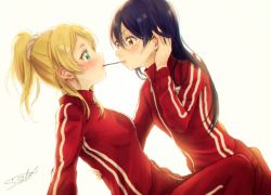 Rule 34 | 10s, 2girls, arm around back, ayase eli, between legs, blonde hair, blue eyes, blue hair, blush, brown eyes, eye contact, face-to-face, food, hair between eyes, tucking hair, jacket, lilylion26, long hair, long sleeves, looking at another, love live!, love live! school idol project, mouth hold, multiple girls, pants, pocky, pocky kiss, ponytail, scrunchie, shared food, signature, simple background, sitting, sonoda umi, track jacket, track pants, track suit, white background, yuri