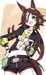 Rule 34 | 1girl, animal ears, belt, black jacket, black shorts, brown background, brown belt, brown hair, commentary request, cowboy shot, cropped shirt, ear ornament, hair ornament, hair over one eye, hand on own hip, highres, horse ears, horse girl, horse tail, hujisun, jacket, jewelry, long hair, looking at viewer, midriff, multicolored hair, navel, open mouth, pointing, pointing at viewer, ring, shirt, shorts, smile, solo, stopwatch, stopwatch around neck, streaked hair, tail, umamusume, vodka (umamusume), watch, white hair, yellow shirt