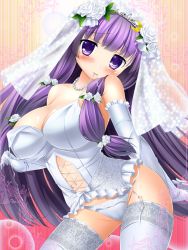 Rule 34 | 1girl, alternate costume, bare shoulders, blush, breasts, bride, bustier, crescent, crescent hair ornament, dress, elbow gloves, fujino (yoshi9798174), garter straps, gloves, hair ornament, highres, jewelry, large breasts, long hair, mouth hold, necklace, panties, patchouli knowledge, purple eyes, purple hair, solo, thighhighs, touhou, underwear, veil, wedding dress, white gloves, white panties, white thighhighs