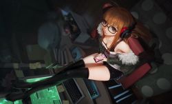 Rule 34 | 10s, 1girl, ahoge, bare shoulders, behind-the-head headphones, black-framed eyewear, black legwear, black shorts, blunt bangs, book, book stack, box, breasts, cellphone, chair, closed mouth, computer, dutch angle, from above, full body, fur trim, futaba channel, glasses, headphones, holding, holding phone, indoors, keyboard (computer), leaning back, legs up, lips, long hair, long sleeves, looking at viewer, looking up, no shoes, note, off-shoulder shirt, off shoulder, orange hair, persona, persona 5, phone, purple eyes, sakura futaba, shirt, short shorts, shorts, sidelocks, signature, sitting, small breasts, smartphone, smile, solo, tank top, thighs, trash bag, vafar7, very long hair, white shirt