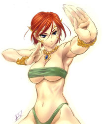 Rule 34 | 1girl, armpits, bandeau, bikini, blue eyes, bracelet, breasts, fighting stance, jewelry, large breasts, mcq, necklace, original, red hair, short hair, solo, strapless, swimsuit, tube top, underboob