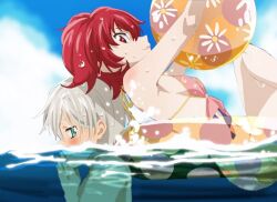 Rule 34 | 1boy, 1girl, aqua eyes, ball, beachball, bikini, blue sky, blush, breasts, carrying, closed mouth, cloud, day, fumiko (mesushi), grey hair, grin, hair between eyes, holding, iria animi, ocean, outdoors, red eyes, red hair, ruca milda, short hair, sky, small breasts, smile, swimsuit, tales of (series), tales of innocence, very short hair, water, wet