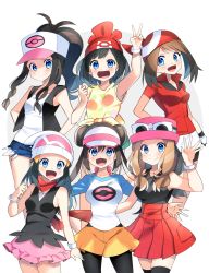 Rule 34 | 6+girls, :d, absurdres, arm up, armpits, bad id, bad twitter id, bandana, black legwear, black shorts, blue eyes, blue hair, blue shorts, blue sleeves, bracelet, breasts, brown hair, collarbone, comic lo, contrapposto, creatures (company), dawn (pokemon), double bun, eyewear on headwear, floral print, game freak, gloves, green shorts, hair bun, hands on own hips, hat, high-waist skirt, high ponytail, highres, hilda (pokemon), jewelry, leg up, long hair, long sleeves, looking at viewer, may (pokemon), medium breasts, miniskirt, multiple girls, nintendo, open mouth, outstretched arms, pantyhose, pink skirt, pleated skirt, poke ball print, pokemon, pokemon bw, pokemon bw2, pokemon dppt, pokemon rse, pokemon sm, pokemon xy, print headwear, print shirt, red bandana, red hat, red skirt, rosa (pokemon), selene (pokemon), serena (pokemon), shirt, short shorts, short sleeves, shorts, shorts under shorts, sidelocks, skirt, sleeveless, sleeveless shirt, smile, standing, sunglasses, thighhighs, tied shirt, twintails, v, very long hair, visor cap, white-framed eyewear, white background, white hat, white shirt, white shorts, wristband, yellow skirt, yuihico, zettai ryouiki