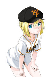 Rule 34 | 1girl, absurdres, baseball cap, baseball jersey, blonde hair, blue eyes, erica hartmann, grin, hat, highres, jersey, looking at viewer, miyanagi, nippon professional baseball, short hair, smile, solo, strike witches, world witches series, yomiuri giants