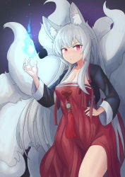 Rule 34 | 1girl, :o, absurdres, animal ears, blue fire, blush, breasts, cleavage, fire, fox ears, fox tail, hanbok, hand on own hip, highres, kitsune, korean clothes, kyuubi, kyuubi, livingdead (wmg7776), looking at viewer, medium breasts, multiple tails, original, red eyes, side slit, solo, tail, thighs, white hair, white tail