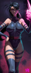 1girl absurdres blue_leotard breasts elbow_gloves gloves highleg highleg_leotard highres large_breasts leotard long_hair looking_at_viewer marvel marvel_rivals mc_bork psylocke purple_eyes purple_hair sash solo superhero_costume thighhighs x-men