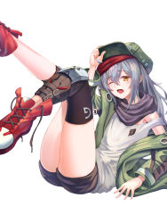 Rule 34 | 1girl, ;o, absurdres, adjusting clothes, adjusting headwear, arm support, arm up, black scarf, black shorts, black thighhighs, blush, g11 (girls&#039; frontline), girls&#039; frontline, green hat, green jacket, hand on headwear, hat, highres, jacket, kimsw0522, knee pads, leaning forward, legs up, long hair, long sleeves, looking at viewer, one eye closed, open mouth, red footwear, scarf, shoes, short shorts, shorts, silver hair, simple background, solo, strap slip, tank top, thighhighs, thighs, untied footwear, white background, yellow eyes