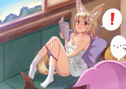 Rule 34 | !, 1girl, :x, animal, animal ears, bad id, bad pixiv id, blonde hair, blush, body exploration, breasts, commentary request, d:, dress, fang, fox ears, fox tail, highres, kemo (pokka), korean commentary, long hair, masturbation, medium breasts, mirror, open mouth, open window, orange eyes, original, panties, panty pull, pornography, purple panties, sleeveless, sleeveless dress, spoken exclamation mark, spoken expression, surprised, tail, tears, underwear, white dress, window