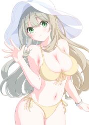 Rule 34 | 1girl, arm at side, bikini, blue archive, blush, breasts, cleavage, closed mouth, commentary request, cowboy shot, curvy, double-parted bangs, floating hair, front-tie bikini top, front-tie top, green eyes, hair between eyes, halterneck, hand up, hat, highres, large breasts, light brown hair, long hair, looking at viewer, navel, nonomi (blue archive), nonomi (swimsuit) (blue archive), official alternate costume, outstretched hand, side-tie bikini bottom, sidelocks, smile, solo, stomach, string bikini, sun hat, swimsuit, very long hair, waving, white hat, yellow bikini, yuki aria