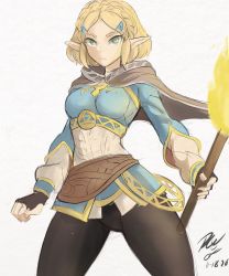 Rule 34 | 1girl, black gloves, black pants, blonde hair, breasts, cape, cowboy shot, dated, fingerless gloves, fire, gloves, hair ornament, hairclip, highres, holding, holding torch, long sleeves, medium breasts, nintendo, pants, pointy ears, princess zelda, rakeemspoon, short hair, signature, solo, the legend of zelda, the legend of zelda: breath of the wild, the legend of zelda: tears of the kingdom, torch
