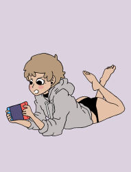 Rule 34 | 1girl, absurdres, ass, black panties, choker, full body, highres, incredibly absurdres, lying, nintendo switch, on stomach, panties, playing games, short hair, simple background, sweater, the pose, underwear