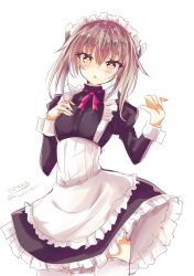 Rule 34 | 1girl, alternate costume, apron, black dress, blush, brown eyes, brown hair, dress, frills, headgear, highres, hizaka, kantai collection, long dress, long sleeves, looking at viewer, maid, maid apron, maid headdress, one-hour drawing challenge, open mouth, simple background, solo, taihou (kancolle), thighhighs, twitter username, white thighhighs