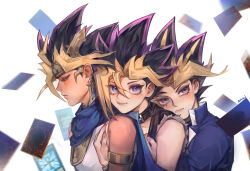Rule 34 | 3boys, atem, belt collar, blue cape, blue jacket, cape, closed eyes, closed mouth, collar, egyptian clothes, eyelashes, floating card, gold sarcophagus, highres, hug, hug from behind, jacket, leather, leather jacket, looking at viewer, monster reborn, multicolored hair, multiple boys, muto yugi, namikaze (dobbyka), purple eyes, sangan, school uniform, signature, smile, spiked hair, tan, torn clothes, torn sleeves, trading card, yami yugi, yaoi, yu-gi-oh!, yu-gi-oh! duel monsters