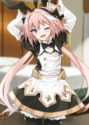 Rule 34 | 1boy, astolfo (fate), astolfo (saber) (fate), astolfo (saber) (third ascension) (fate), bad id, bad pixiv id, black bow, black dress, black gloves, black legwear, black neckwear, black ribbon, blush, bow, bowtie, buttons, crossdressing, dress, fang, fate/grand order, fate (series), gloves, hair intakes, hands up, highres, juliet sleeves, layered skirt, long hair, long sleeves, looking at viewer, low twintails, male focus, multicolored hair, one eye closed, open mouth, pink eyes, pink hair, puffy sleeves, purple eyes, rabbit pose, ribbon, shengtian, skin fang, skirt, smile, solo, streaked hair, thighhighs, trap, twintails, white hair, white skirt