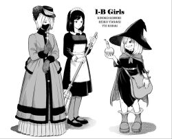 Rule 34 | 3girls, :|, alternate costume, ankle boots, apron, arm at side, ashihara daisuke, belt, belt bag, bob cut, boku no hero academia, boots, bracelet, breasts, brooch, broom, cape, character name, closed mouth, collared dress, cotton ball, covered face, dress, expressionless, fan to mouth, flask, formal, frills, full body, fur-trimmed dress, fur-trimmed sleeves, fur collar, fur trim, gloves, greyscale, grin, hair over one eye, hand fan, hand up, hands up, hat, holding, holding broom, holding fan, holding flask, jewelry, kodai yui, komori kinoko, liquid, long sleeves, looking at another, maid, maid headdress, mary janes, mask, medium breasts, medium hair, monochrome, mouth mask, multiple girls, pantyhose, pleated dress, plume, porkpie hat, round-bottom flask, shadow, shoes, short hair, sidelocks, simple background, sleeve cuffs, small breasts, smile, standing, straight hair, swept bangs, symbol-shaped pupils, victorian, white background, witch, witch hat, x-shaped pupils, yanagi reiko, yuei school logo