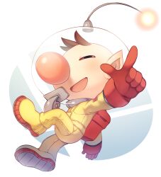 Rule 34 | 1boy, alien, backpack, bag, big nose, blush, brown hair, closed eyes, commentary, full body, gloves, helmet, male focus, nintendo, numbers (pigpenandpaper), olimar, open mouth, patch, pikmin (series), pointing, pointing at viewer, pointy ears, radio antenna, red bag, red gloves, red light, short hair, smash ball, smile, space helmet, spacesuit, super smash bros., symbol-only commentary, very short hair, whistle, white background