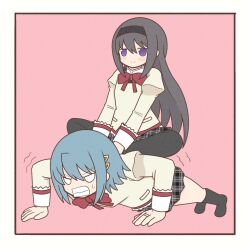 Rule 34 | 2girls, :&gt;, akemi homura, black hairband, black pantyhose, black skirt, black socks, blue hair, bow, bowtie, butterfly sitting, clenched teeth, exercising, hair ornament, hairband, hairpin, hands on another&#039;s back, jewelry, long hair, long sleeves, mahou shoujo madoka magica, miki sayaka, mitakihara school uniform, multiple girls, pantyhose, pink background, pocket, purple eyes, push-ups, red bow, red bowtie, ring, school uniform, short hair, sitting, sitting on person, skirt, socks, sweater, teeth, very long hair, yellow sweater, yuno385